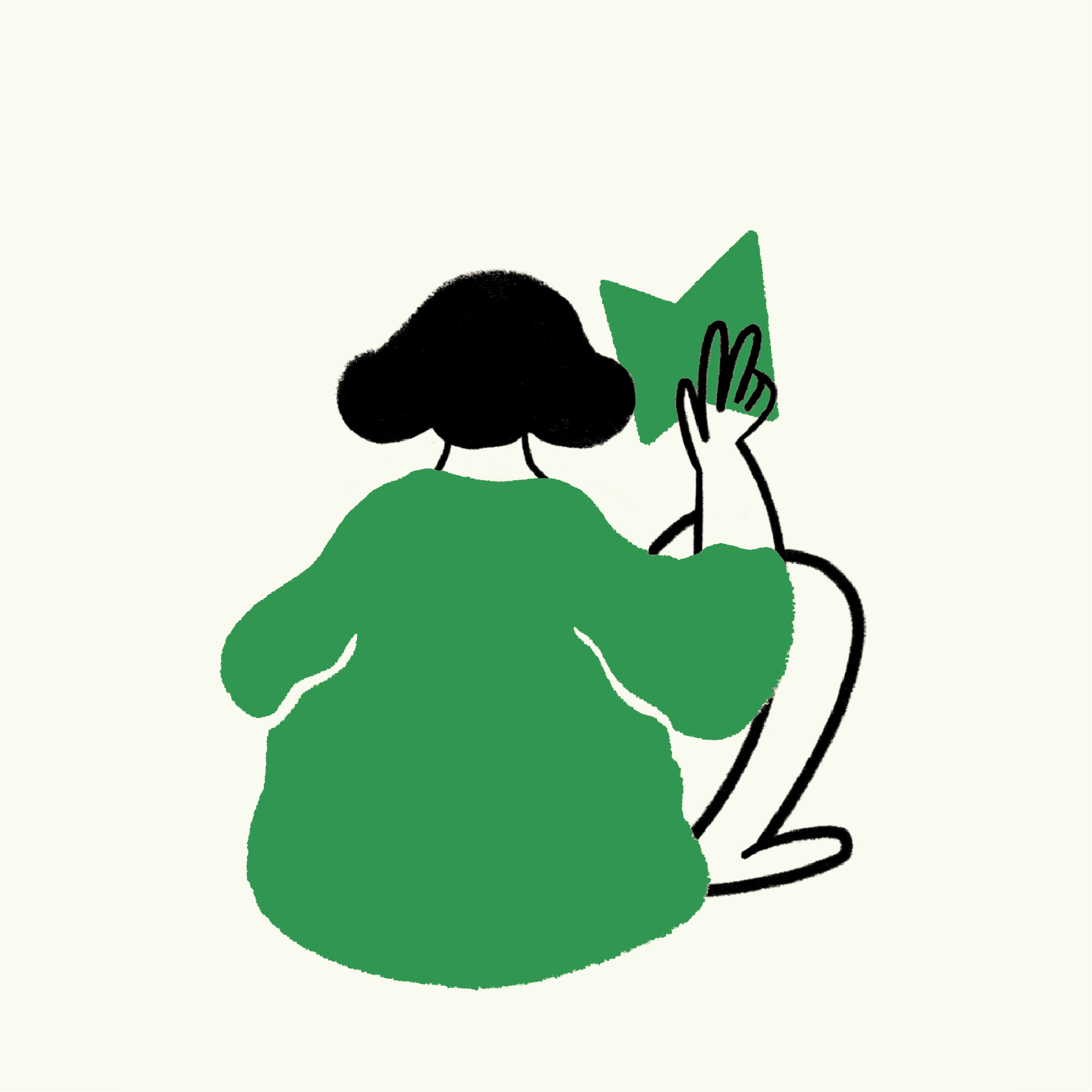 Illustration of woman in green dress sat down with her back to us reading