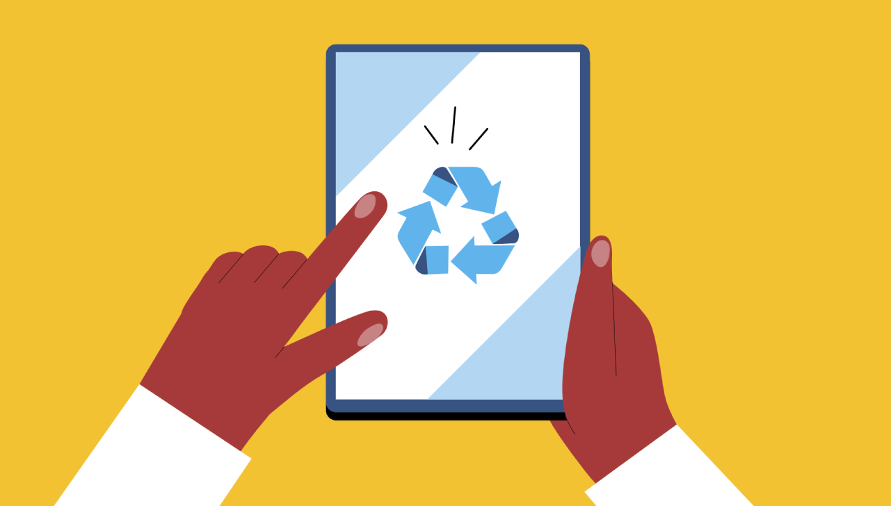 Hands holding a tablet about to press on a recyclling icon