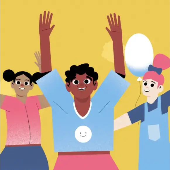 Illustration of three young people cheering with balloons
